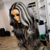 Balayage Ash Grey Highlights Wig 100% Real Human Hair Wavy Wigs