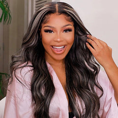 Balayage Ash Grey Highlights Wig 100% Real Human Hair Wavy Wigs