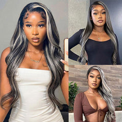 Balayage Ash Grey Highlights Wig 100% Real Human Hair Wavy Wigs