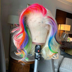 Blonde Human Hair Wig With Colored Rainbow Streak In Front