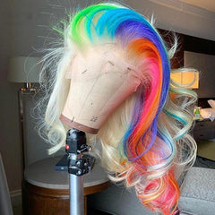 Blonde Human Hair Wig With Colored Rainbow Streak In Front