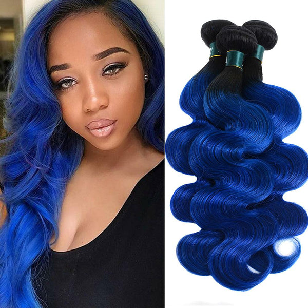 SULMY Blue Hair Weave Remy Human Hair Royal Blue Bundles Dark Roots