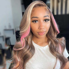 SULMY Brown Wig with Pink Highlights 100% Real Human Hair