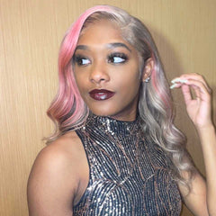 SULMY Brown Wig with Pink Highlights 100% Real Human Hair