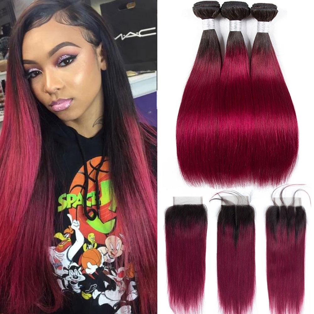 Burgundy Bundles With Closure Straight Dark Roots Dark Burgundy Weave | SULMY.