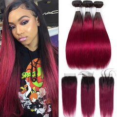 Burgundy Bundles With Closure Straight Dark Roots Dark Burgundy Weave | SULMY.