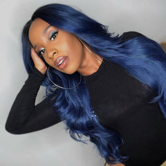 Dark Blue Long Human Hair Wig Lace Front Midnight Blue Wavy Wigs SULMY | SULMY.