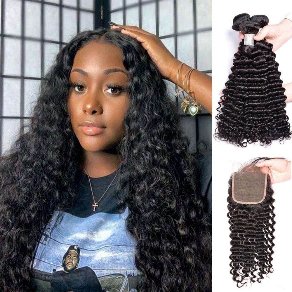 Bundles with Closure Deep Wave Brazilian Virgin Human Hair Weave Bundles 3+1 | SULMY.