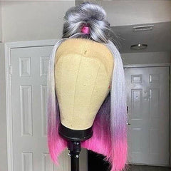 Ombre Silver Grey to Pink Short Human Hair Wig Blunt Cut Bob Wigs | SULMY.