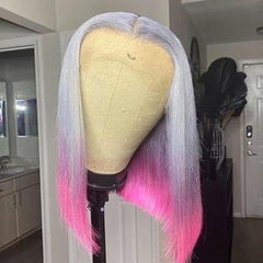 Ombre Silver Grey to Pink Short Human Hair Wig Blunt Cut Bob Wigs | SULMY.