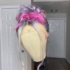 Ombre Silver Grey to Pink Short Human Hair Wig Blunt Cut Bob Wigs | SULMY.