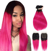 Hot Pink Bundles With Closure Straight Pink Human Hair Dark Roots | SULMY.