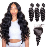 Bundles with Closure Loose Wave Brazilian Virgin Human Hair Weave Bundles 3+1 | SULMY.
