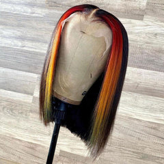 Natural Black with Ombre Orange Highlight Bob Wig Blunt Cut Lace Front Wig | SULMY.