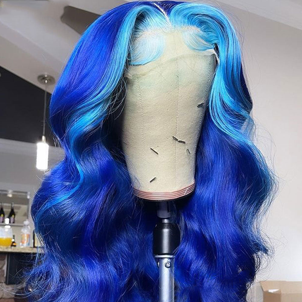 Ombre Blue Lace Front Wig 100% Real Human Hair Wavy Wigs