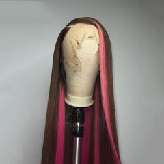 Pink Highlights on Dark Brown Hair Lace Front Wig 100% Human Hair Wigs