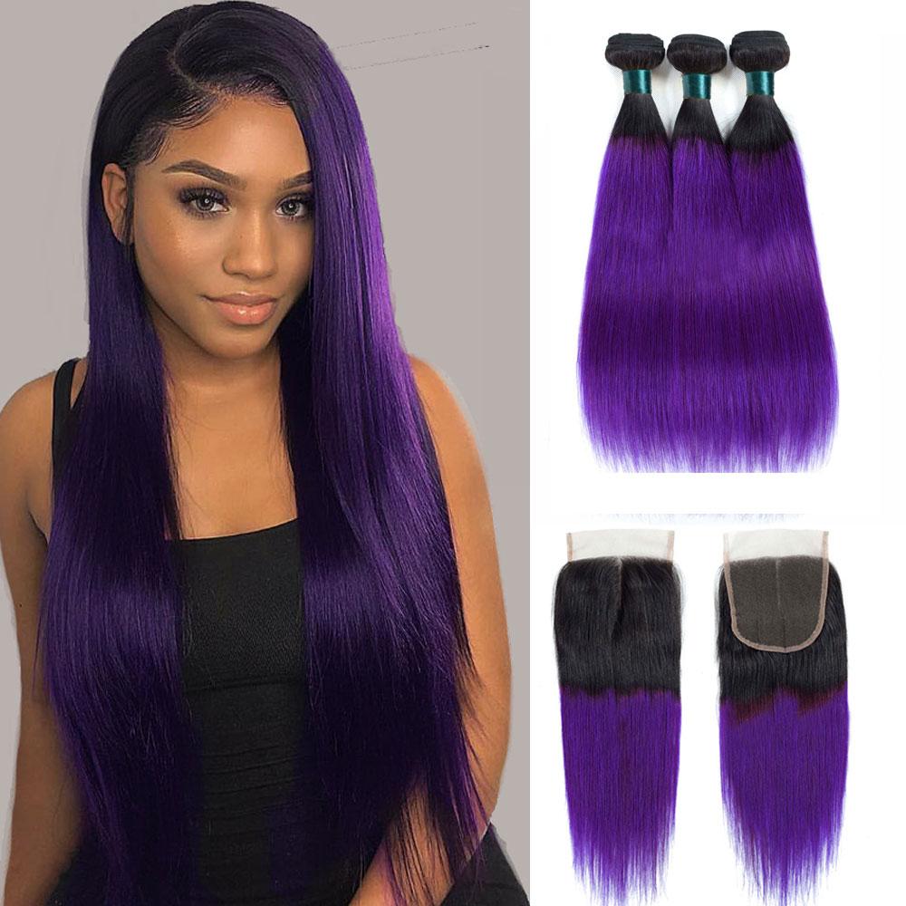 Purple Weave Bundles With Closure Violet Straight Human Hair Dark Roots | SULMY.