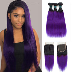 Purple Weave Bundles With Closure Violet Straight Human Hair Dark Roots | SULMY.