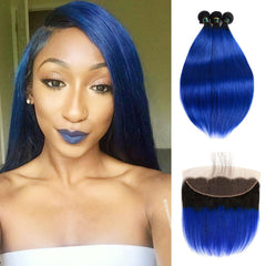Dark Blue Bundles with Frontal Straight Dark Roots Electric Blue Remy Human Hair | SULMY.