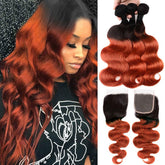 Burnt Orange Bundles With Closure Wavy Orange Human Hair Dark Roots | SULMY.