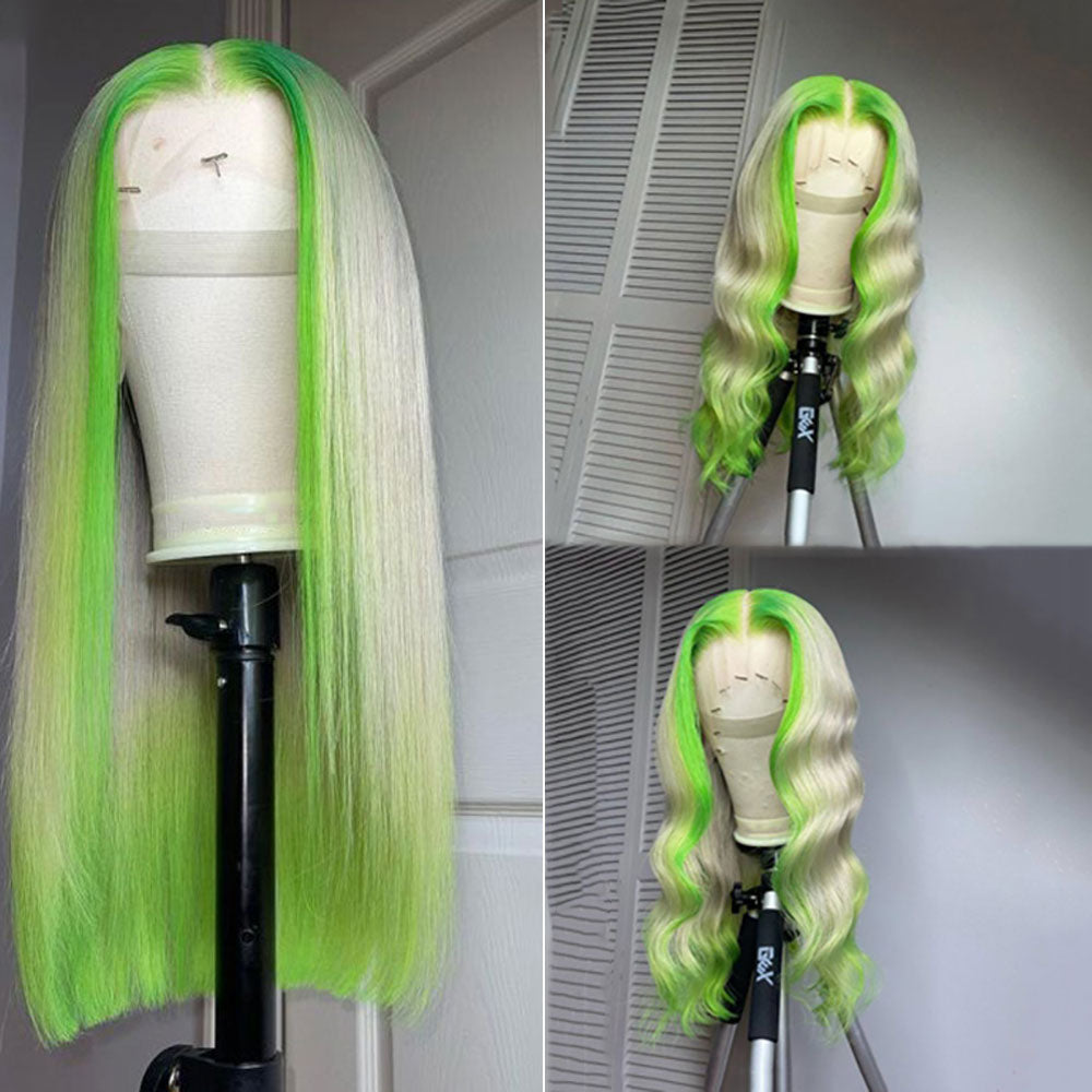 SULMY Blonde Hair With Lime Green Highlights Wigs 100% Human Hair