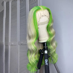 SULMY Blonde Hair With Lime Green Highlights Wigs 100% Human Hair