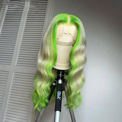 SULMY Blonde Hair With Lime Green Highlights Wigs 100% Human Hair
