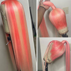 SULMY Blonde Hair With Pink Highlights Wigs 100% Human Hair