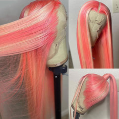 SULMY Blonde Hair With Pink Highlights Wigs 100% Human Hair