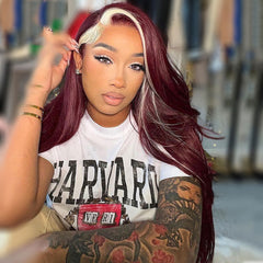 SULMY Burgundy Human Hair Wigs With Blonde Money Piece