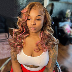 SULMY Dirty Blonde Hair With Pink Highlights Wigs 100% Human Hair