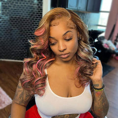 SULMY Dirty Blonde Hair With Pink Highlights Wigs 100% Human Hair