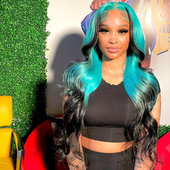 SULMY Green And Black Real Human Hair Wig