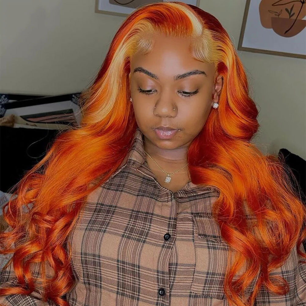 SULMY Orange Human Hair Wig With Blonde Highlights