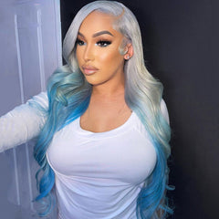 SULMY Silver Gray Human Hair Wig With Blue Underneath