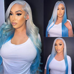 SULMY Silver Gray Human Hair Wig With Blue Underneath