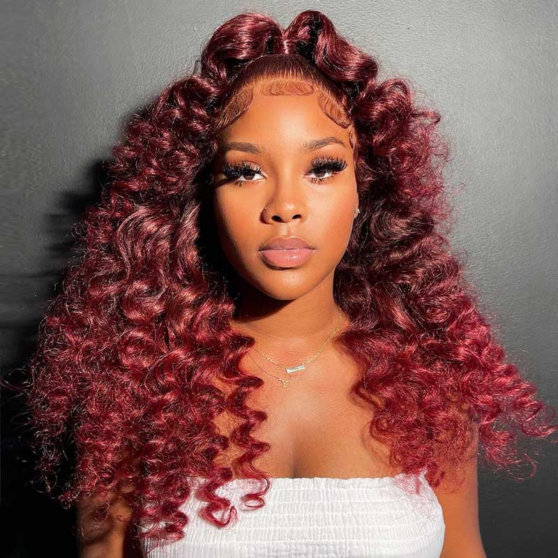 J99 Color Loose Deep Wave Burgundy 99J Red Colored Wigs 100% Human Hair Undetect ...