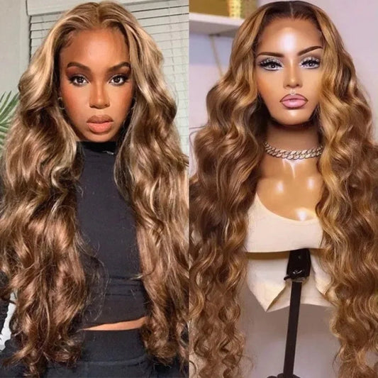 Piano Color Brown Blonde Highlights Human Hair Wigs Body Wave