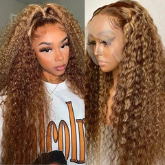 Honey Blonde Piano Highlights Color Deep Wave Curly Human Hair Wig