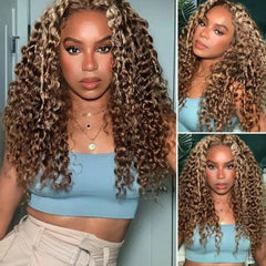 Honey Blonde Piano Highlights Color Deep Wave Curly Human Hair Wig