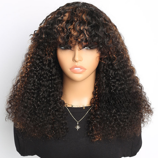 Highlight #30 Colored Ombre Afro Kinky Curly Wig With Bangs 100% Human Hair