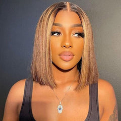 Honey Blonde Highlights Color Short Bob Straight Human Hair Wig