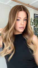SULMY Brown Blonde Highlights Wavy Wigs 100% Real Human Hair for Caucasian 180% Density
