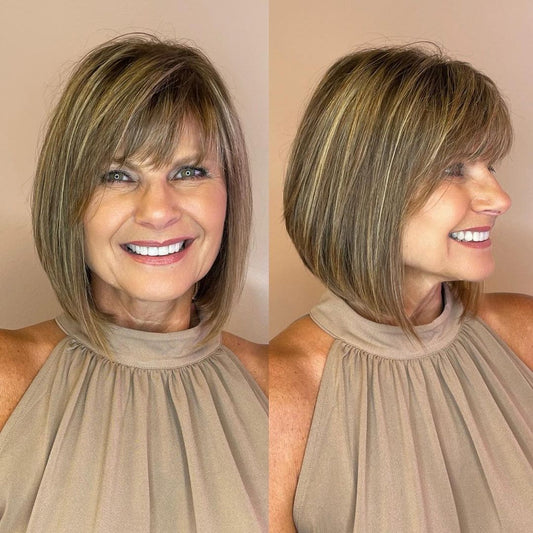 Highlighted Inverted Bob Wigs with Bangs for Women Caucasian 100% Human Hair