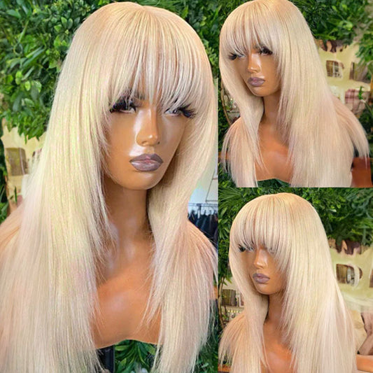 613 Blonde Layered Straight Machine Made Lightweight Human Hair Wig With Fringe (Bangs)
