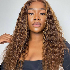 Honey Blonde Piano Highlights Color Deep Wave Curly Human Hair Wig