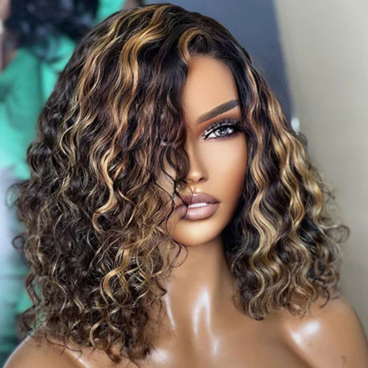 Side Part Balayage Bob Water Wave Highlight Colored Wigs 100% Human Hair