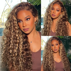 Piano Color Water Wave Frontal Wig Long  #4/27 Highlight Colored Human Hair Wig