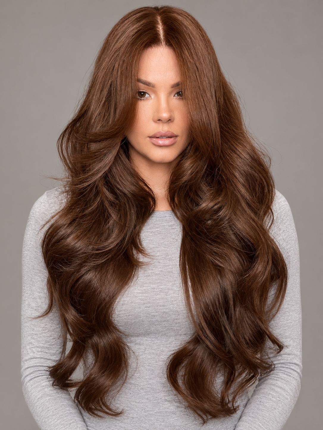 SULMY Ombre Brown Wavy Wigs 100% Real Human Hair for Caucasian 180% Density — front view, AI-generated visualization [transfer:15428204003548-front]