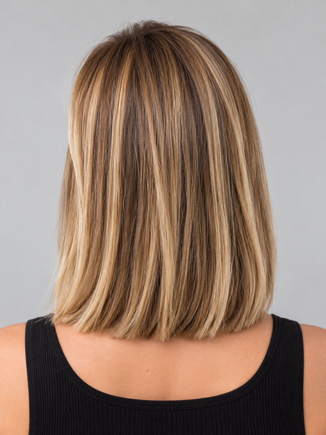 SULMY Brown Blonde Highlights Short Balayage Bob Wigs for White Women 100% Human Hair — back view, AI-generated visualization [transfer:15428211441884-back]